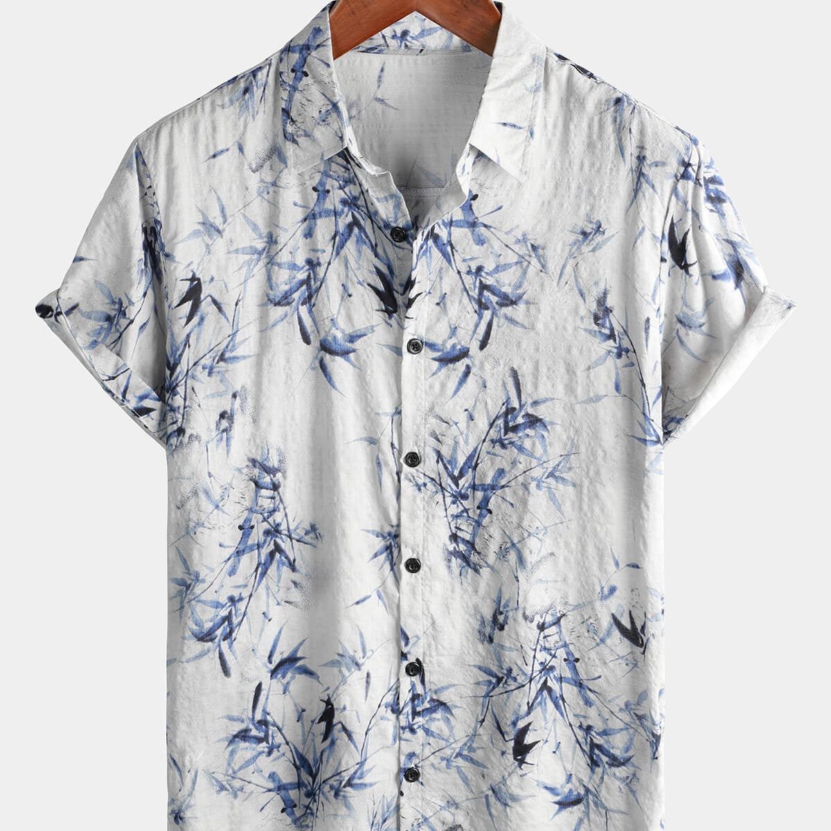 Men's Cotton Bamboo Art Print Button Summer Casual Short Sleeve Light Blue Hawaiian Shirt