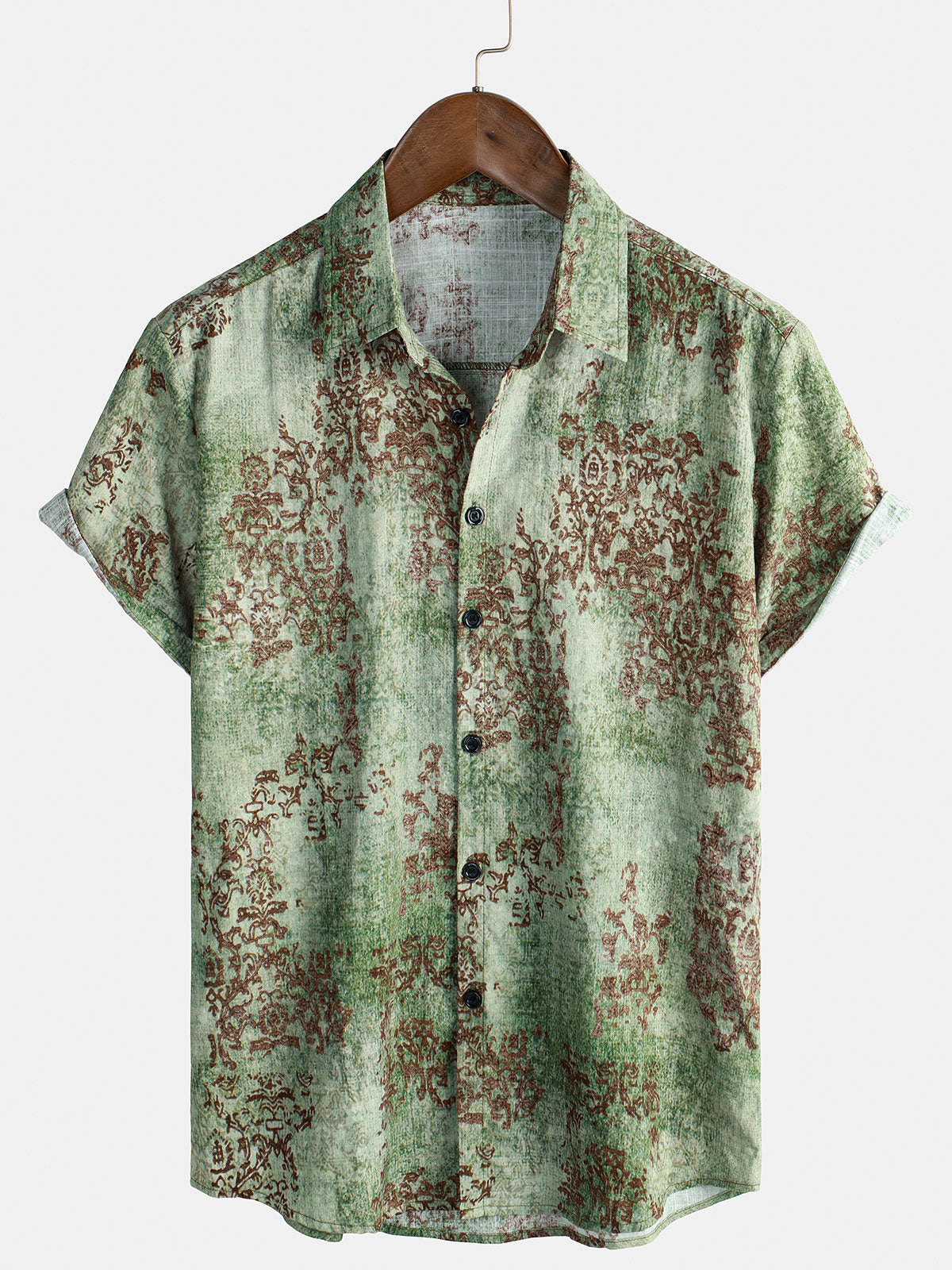 Men's Green Cotton Vintage Short Sleeve Summer Button Up Shirt