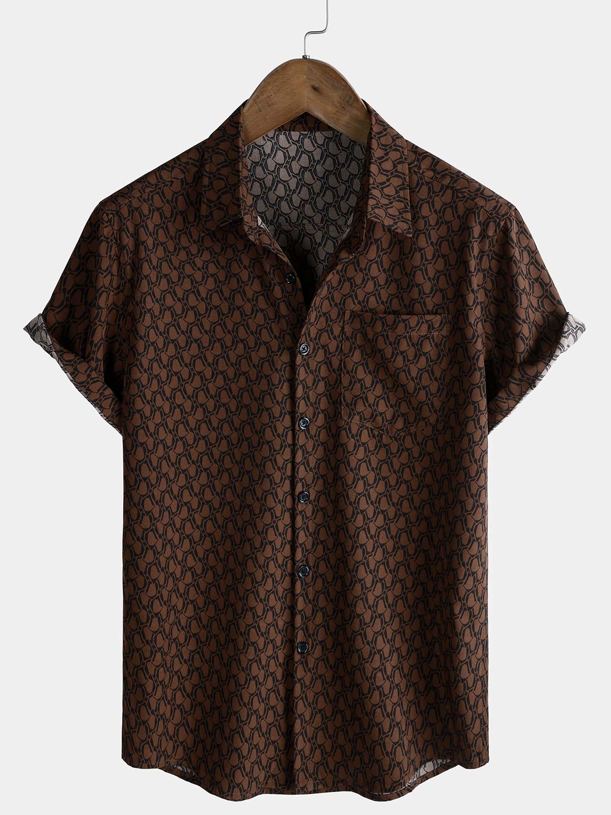 Men's Casual Holiday Short Sleeve Brown Button Up Shirt