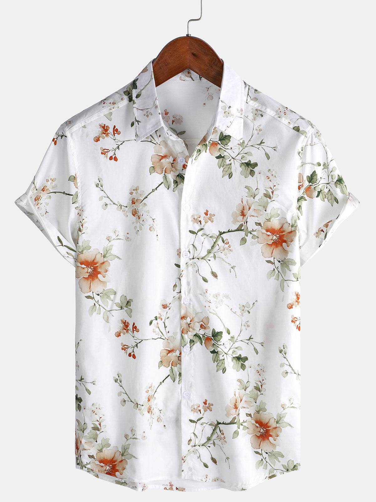 Men's Flower Print Cotton Hawaiian Floral Short Sleeve Shirt