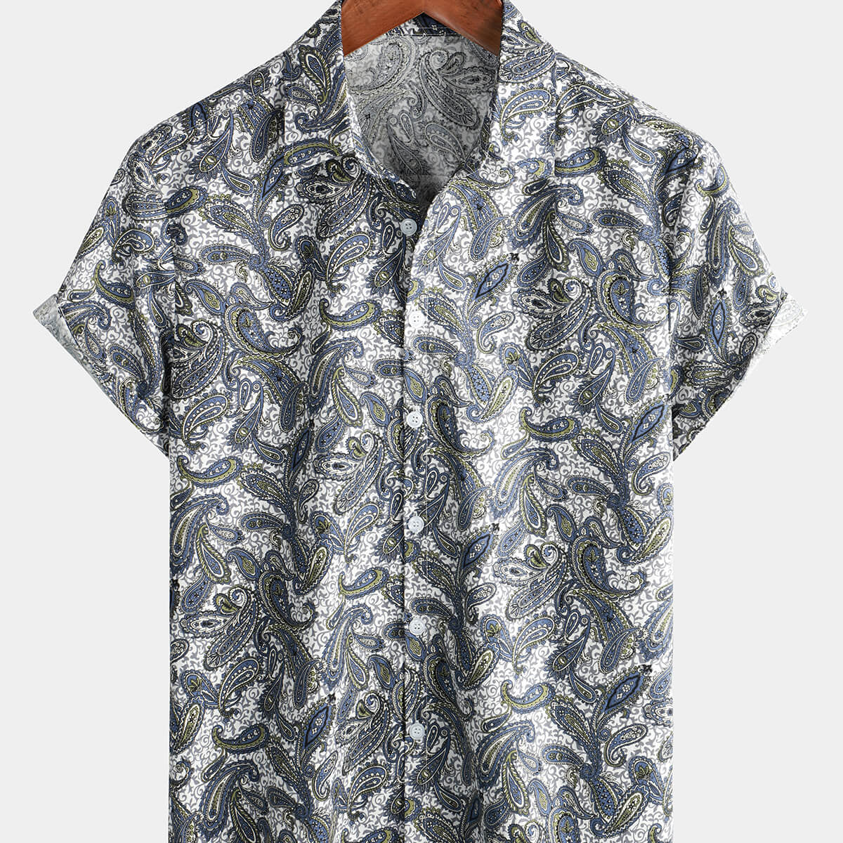 Men's Paisley Floral Cotton Vintage Grey Retro 70s Button Up Beach Summer Short Sleeve Shirt