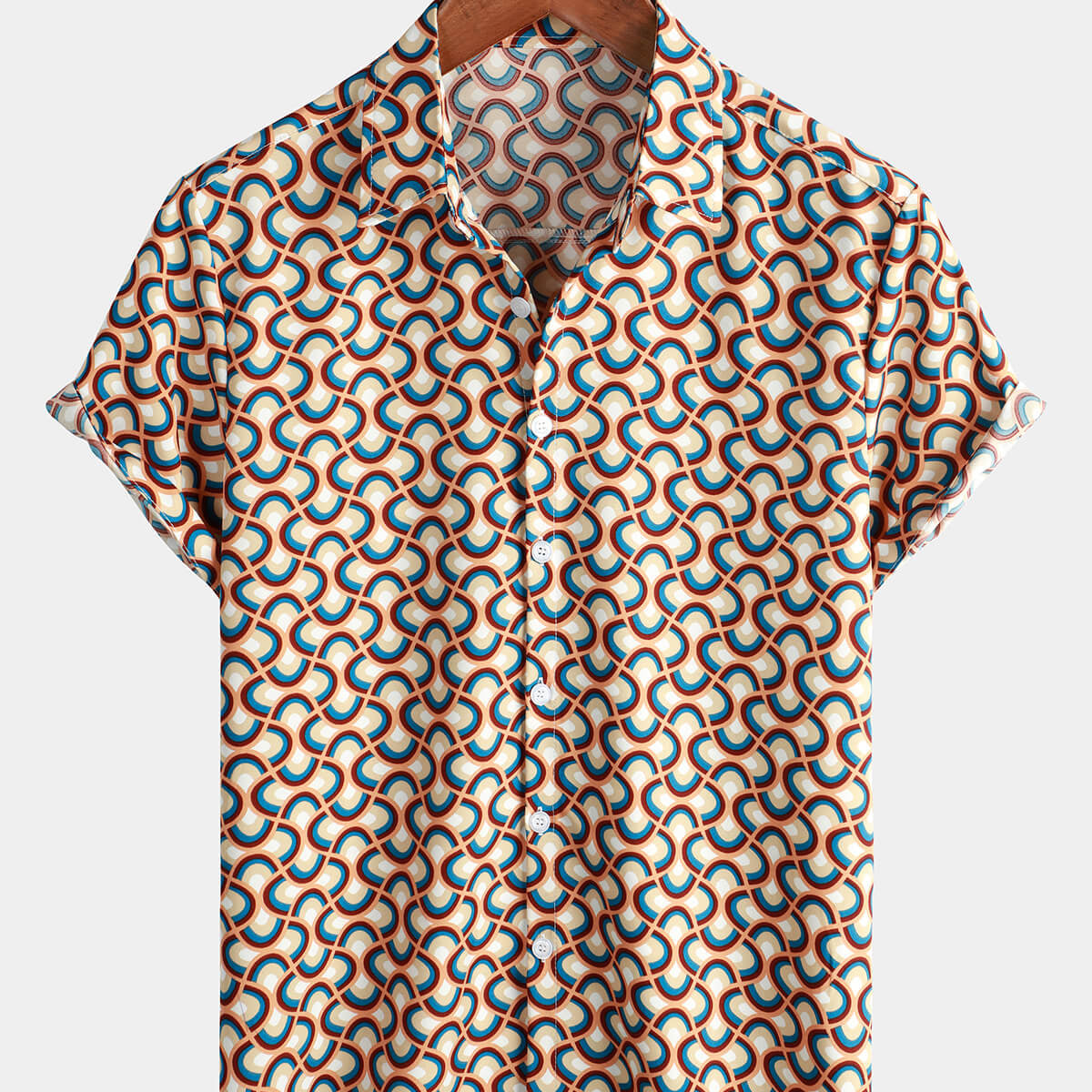 Men's Retro Button Up Vintage Geometric Circle Cool Summer Beach Short Sleeve Shirt