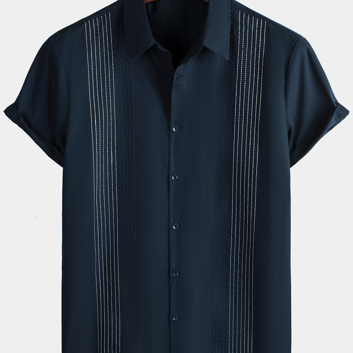 Men's Hawaiian Cotton Linen Striped Short Sleeve Button Up Summer Beach Embroidered Shirt