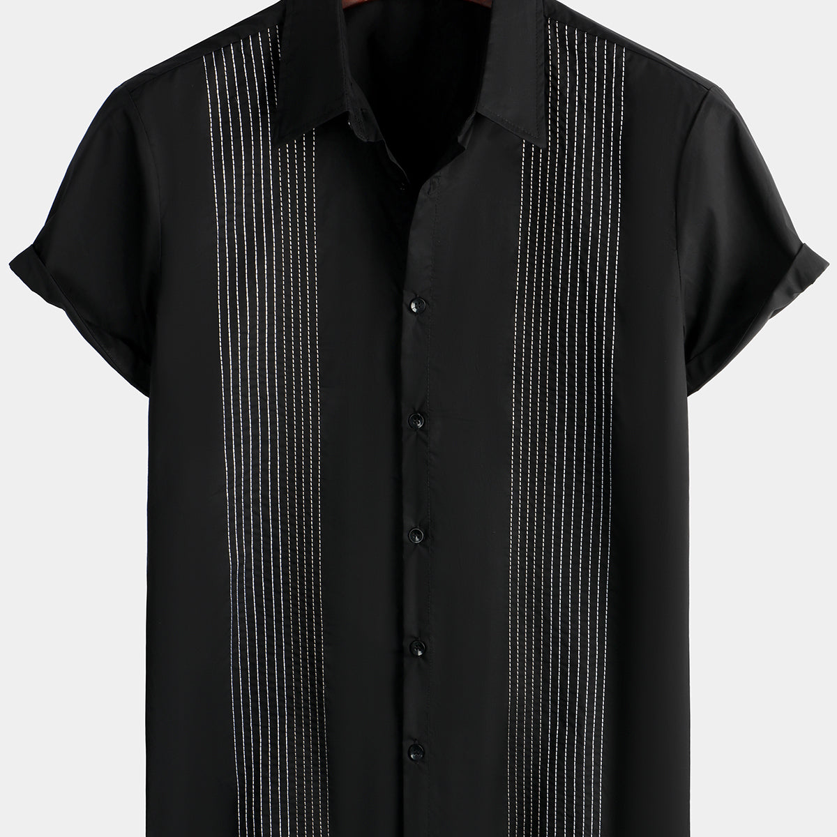 Men's Hawaiian Cotton Linen Striped Short Sleeve Button Up Summer Beach Embroidered Shirt