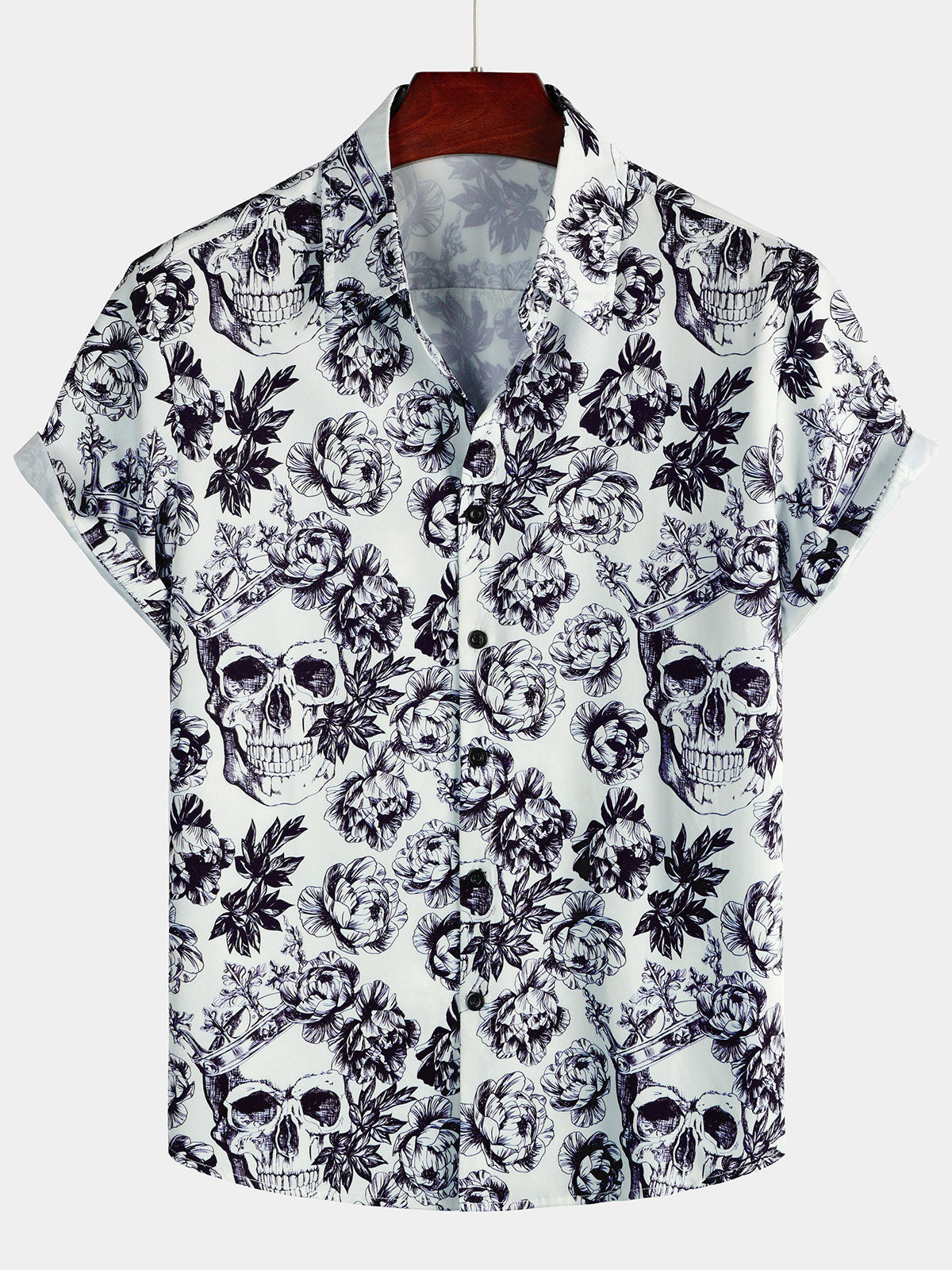 Men's Black Punk Rock Crown Floral Skull Print Short Sleeve Shirt