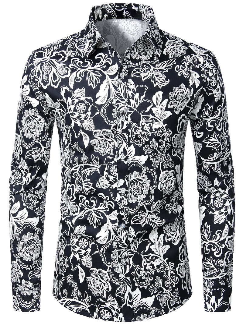 Men's Floral Cotton Casual Button Down Long Sleeve Shirt