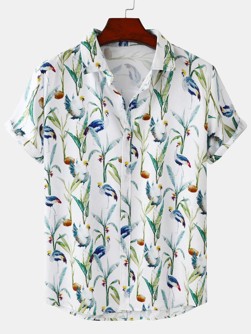 Men's Casual Tropical Parrot Print Button Vacation Short Sleeve Hawaiian Shirt