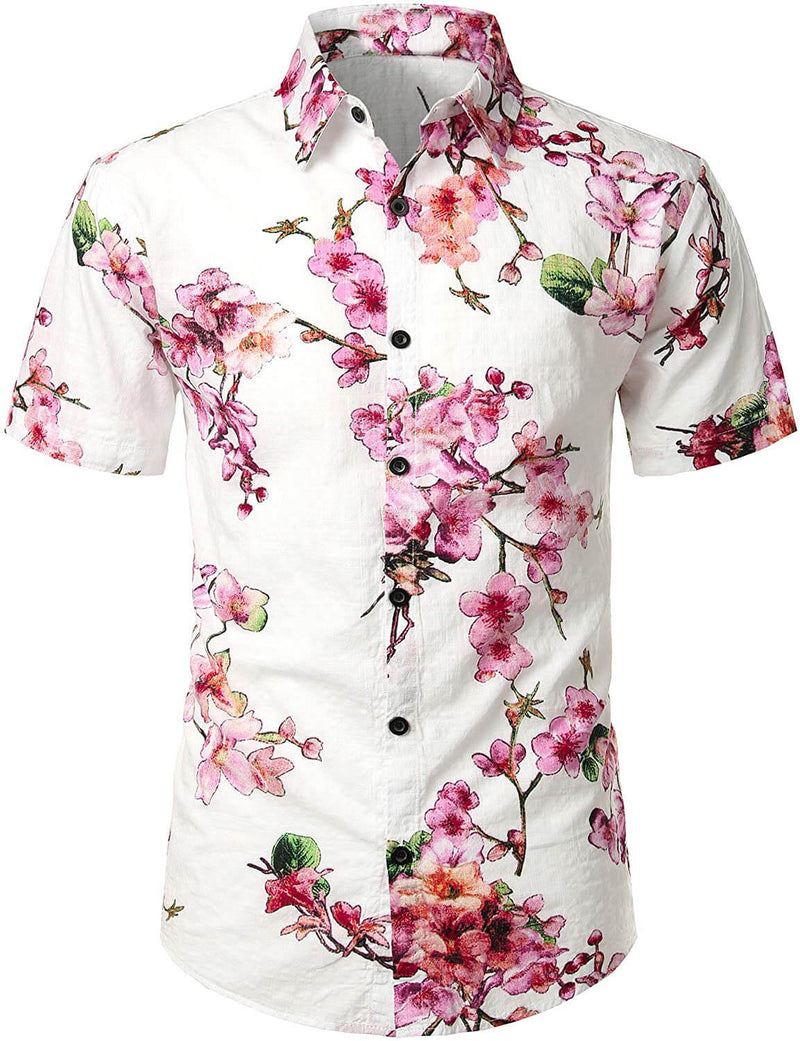 Men's Pink Floral Button Up Cotton Summer Beach Cherry Blossom Flower Hawaiian Shirt