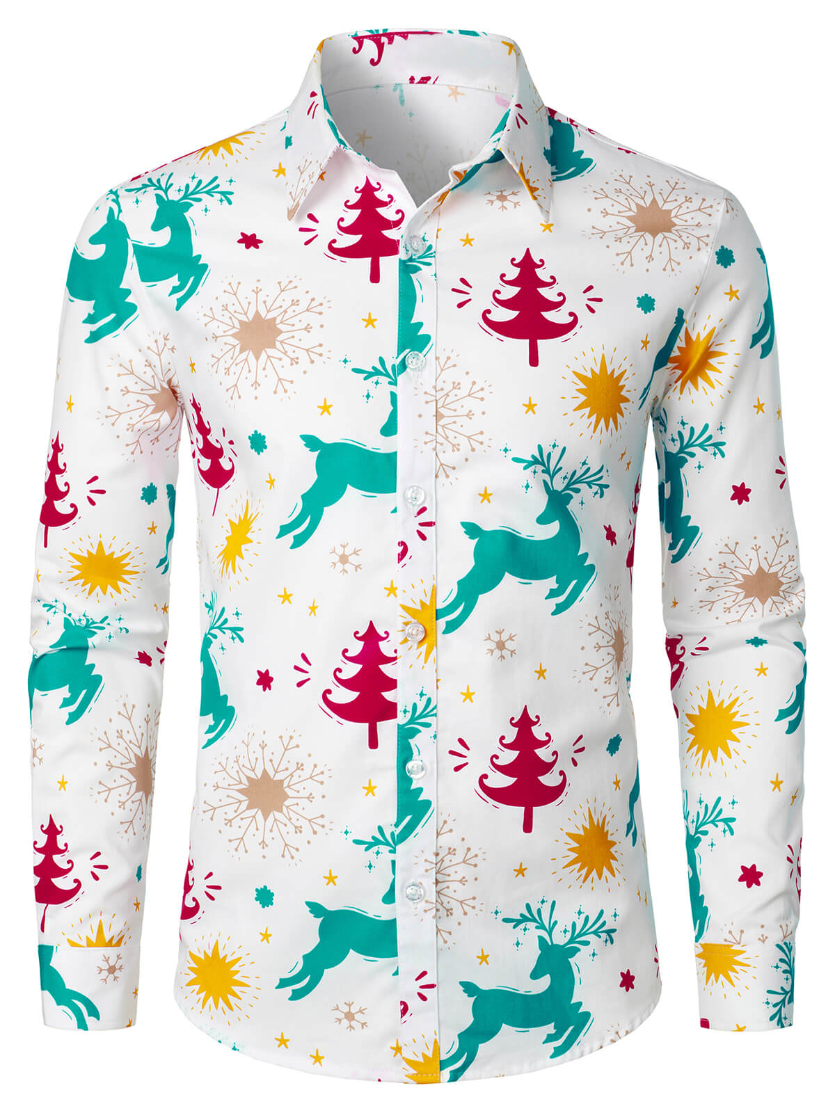 Men's Holiday Forest Animal and Tree Christmas Print Button Up White Long Sleeve Shirt