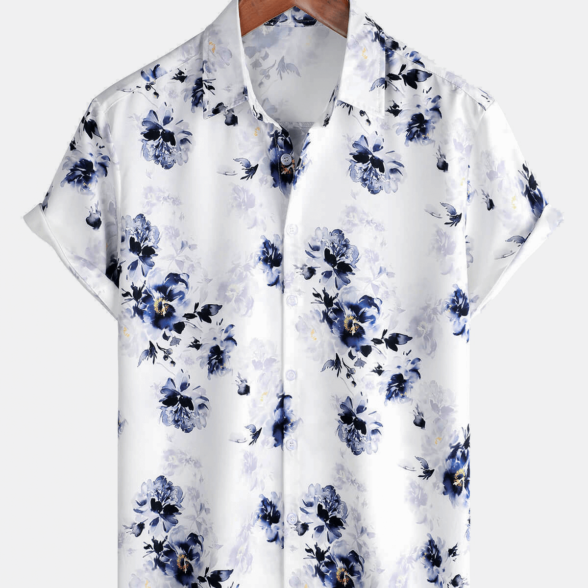 Men's Casual Vintage Floral Short Sleeve White Holiday Hawaiian Button Up Shirt
