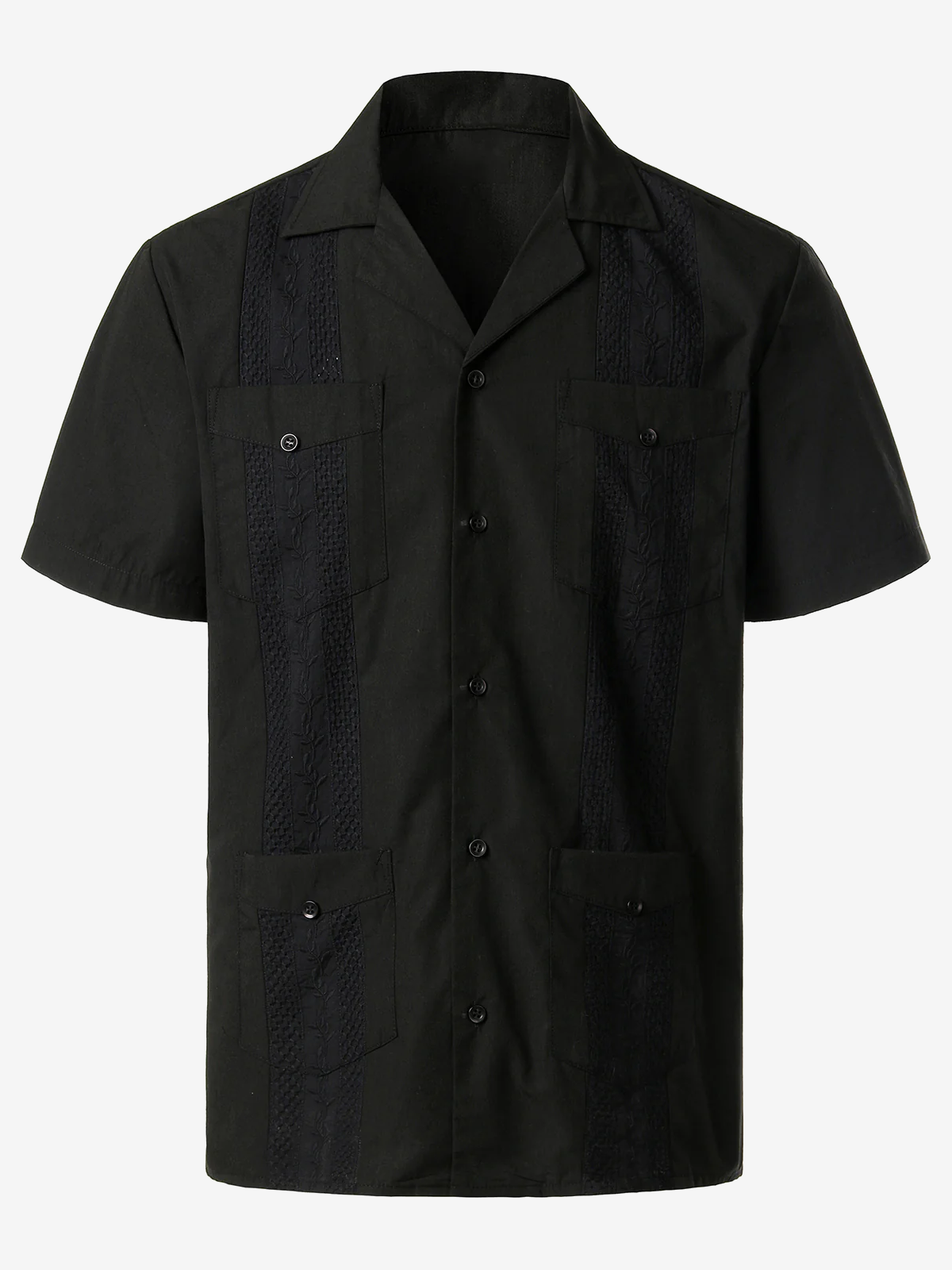 Men's Black Tropical Hawaiian Top Cotton Short Sleeve Button Down Cuban Guayabera Shirt