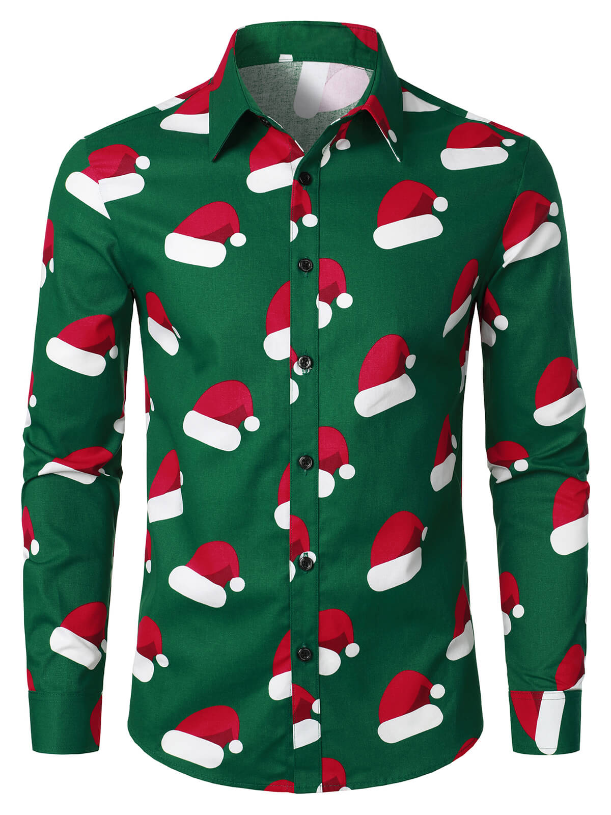 Men's Green Christmas Santa Hat Print Button Up Long Sleeve Shirt