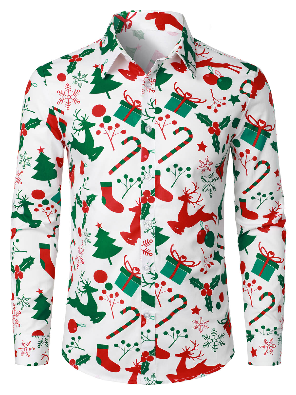 Men's Christmas Tree Gift Ornament Print Button Up Long Sleeve Shirt
