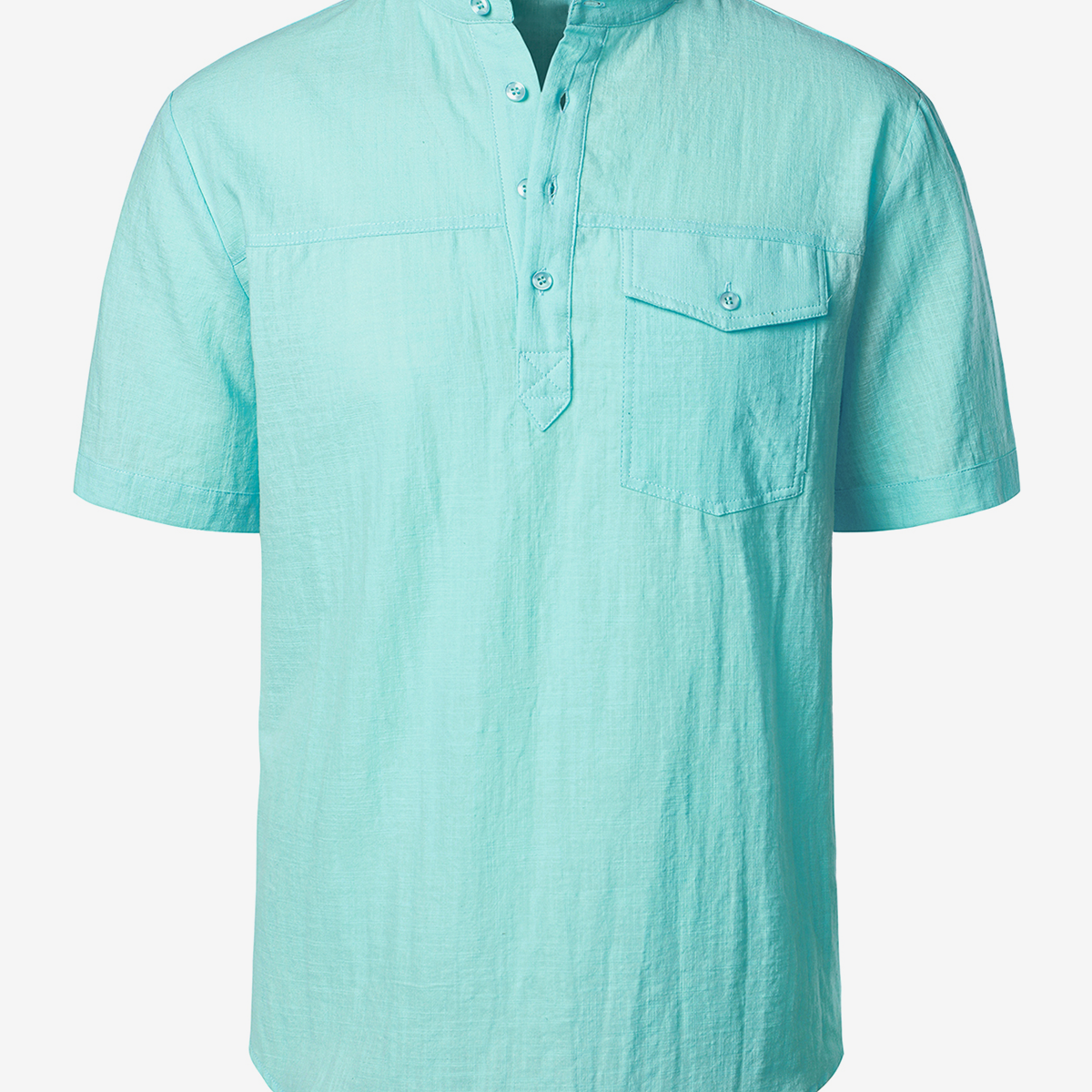 Men's Cotton Linen Pocket Short Sleeve Casual Beach Henley Shirt