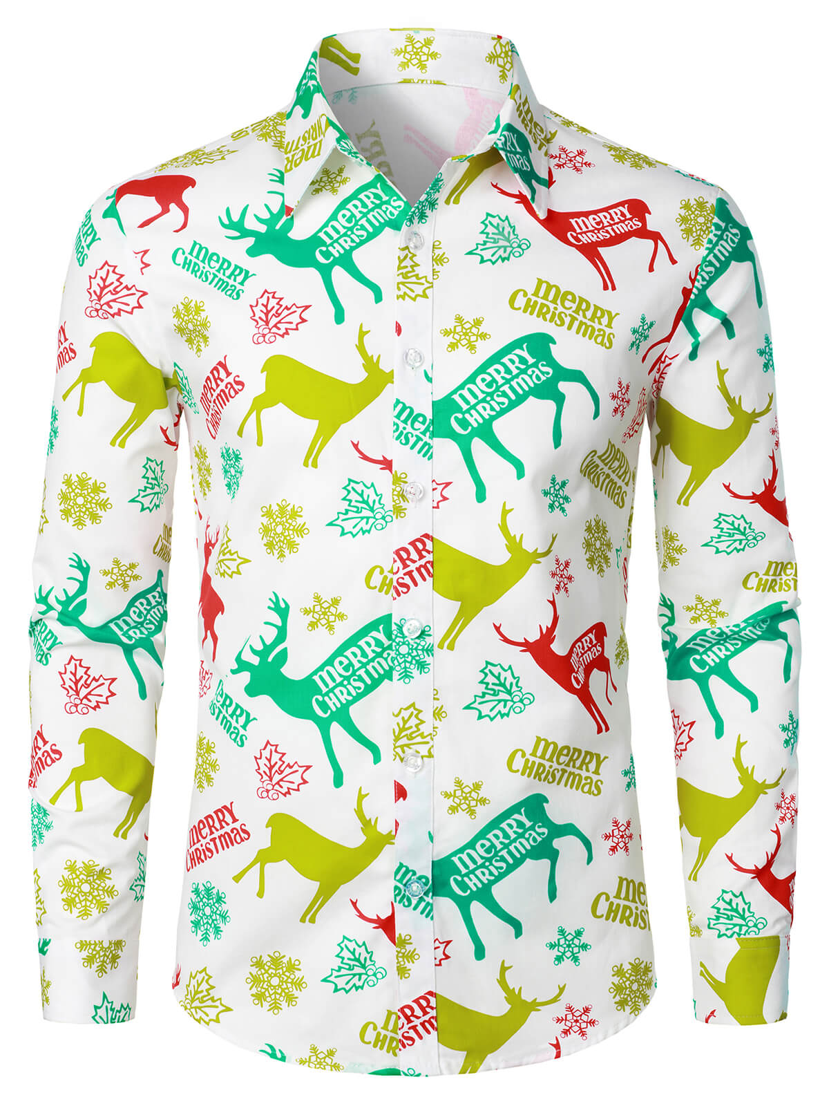 Men's White Long Sleeve Christmas Deer Print Button Up Shirt