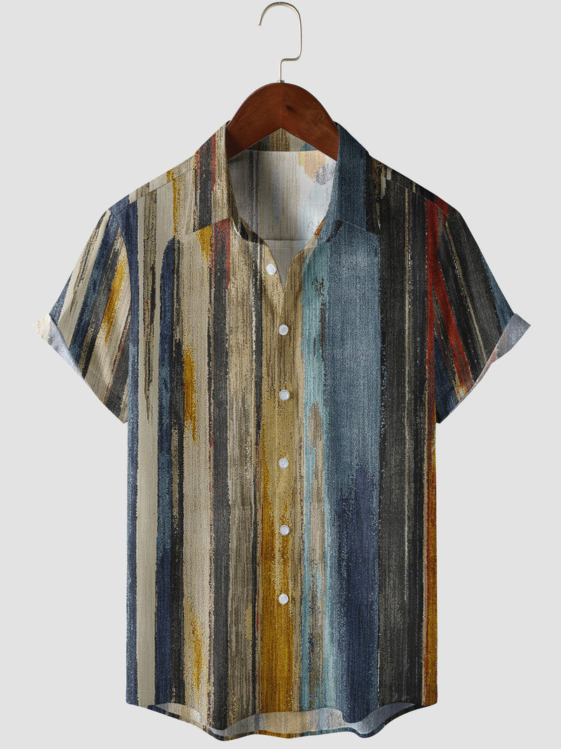 Men's Summer Textured Art Vertical Striped Retro Beach Resort Short Sleeve Button Up Shirt