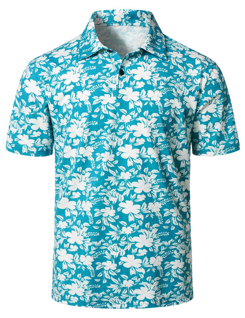 Men's Floral Print Blue Cotton Summer Holiday Golf Short Sleeve Sports Polo Shirt