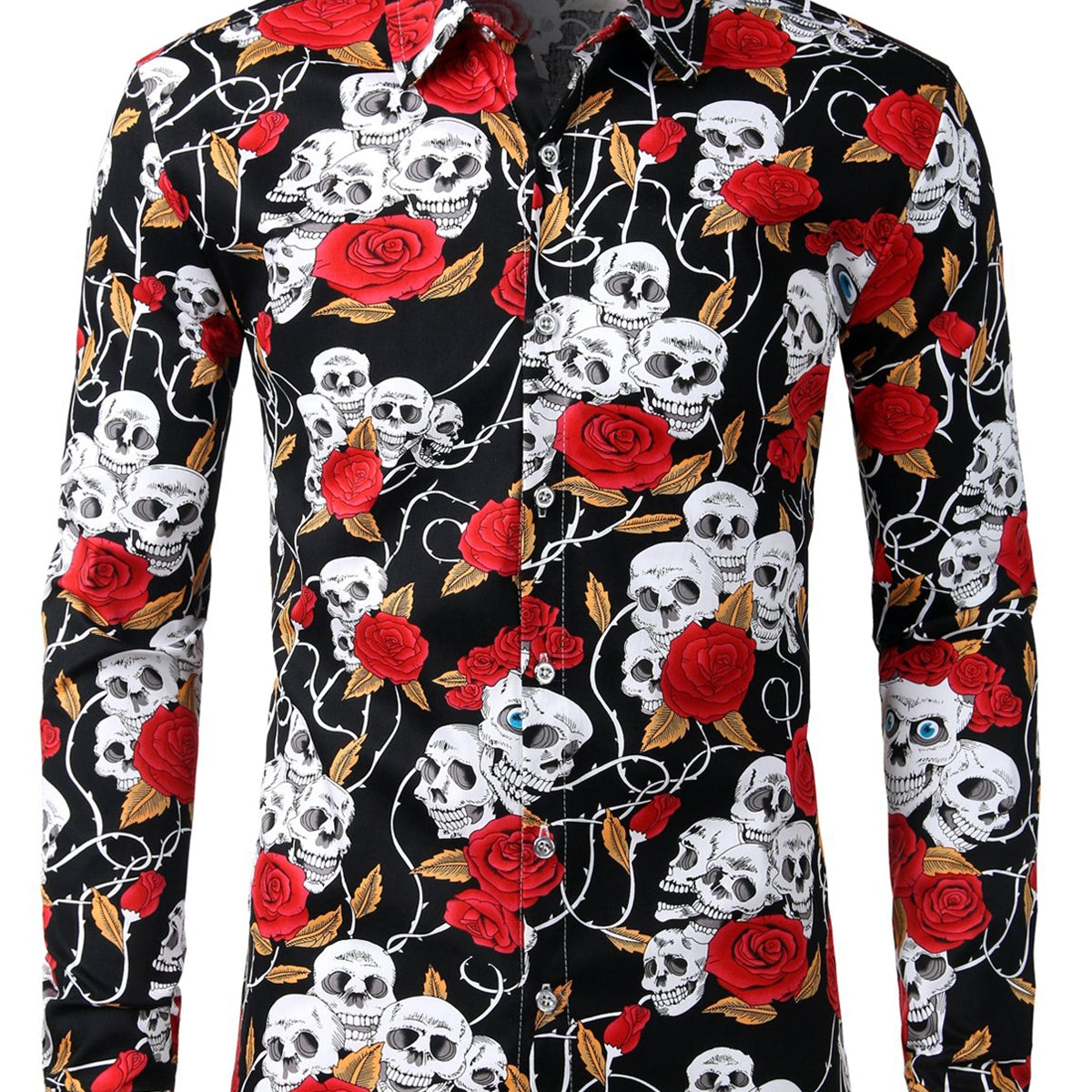 Men's Floral Print Long Sleeve Skull Cotton Casual Button Down Shirt