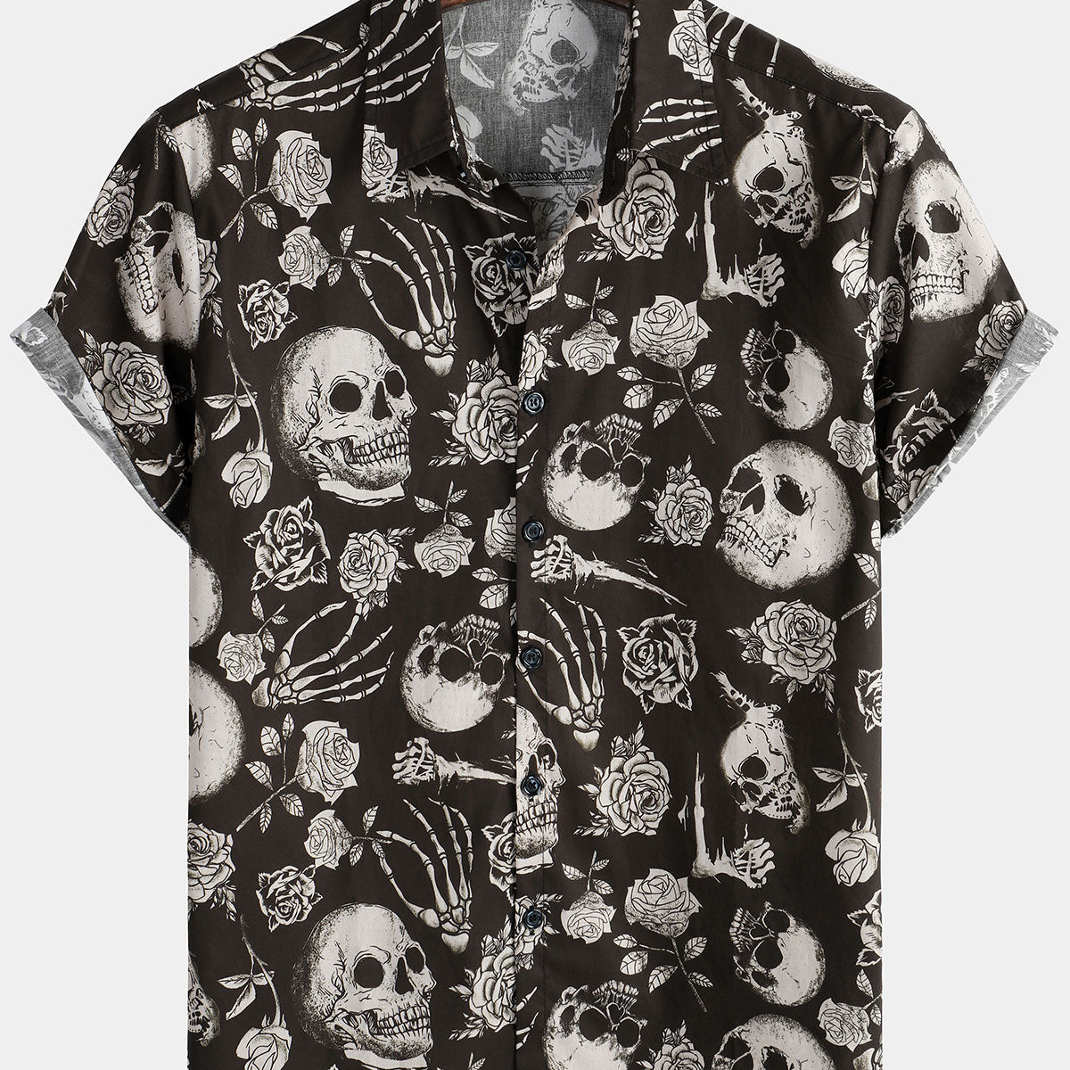 Men's Skull Rose Floral Punk Rock and Roll Cool Button Up Shirt