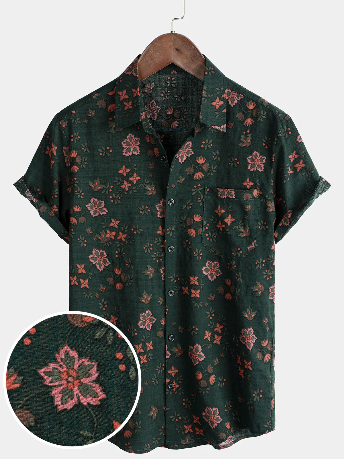 Men's Floral Print Vintage Holiday Green Hawaiian Short Sleeve Shirt