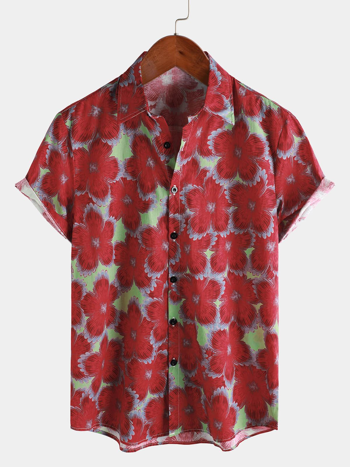 Men‘s 100% Cotton Hawaiian Red Floral Short Sleeve Button Summer Beach Shirt