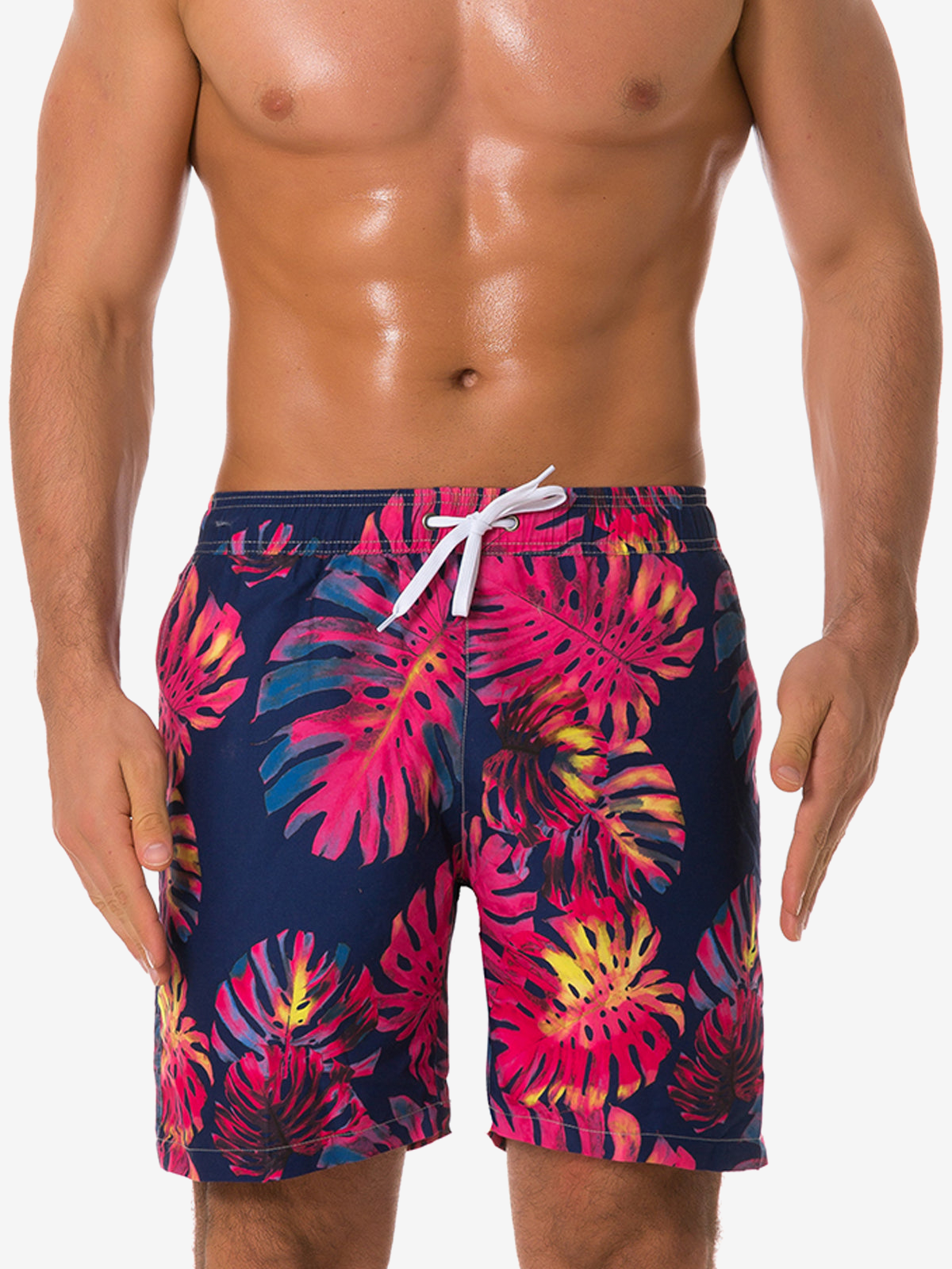 Men's Summer Tropical Leaf Print Beach Shorts Navy Blue Swimming Trunks