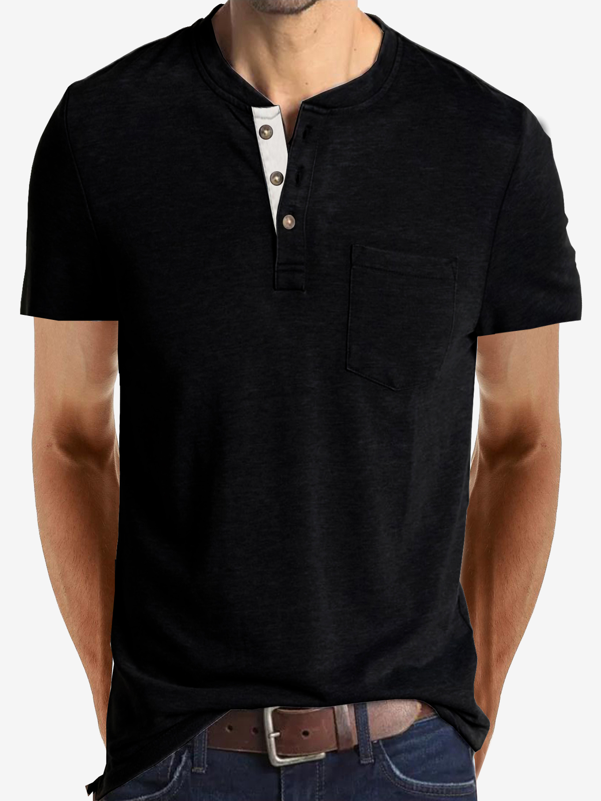 Men's Cotton Henley Collar Solid Color Casual Short Sleeve T-Shirt