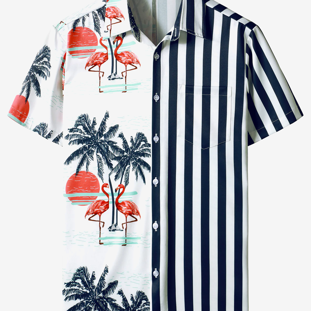 Men's Navy Blue Striped And Flamingo Print Hawaiian Short Sleeve Aloha Shirt