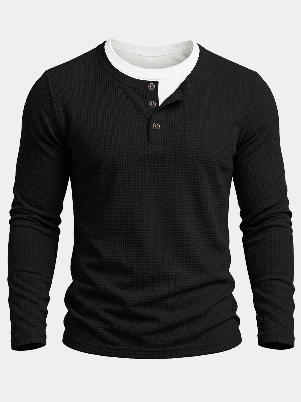 Men's Black Cotton Waffle Knit Long Sleeve Henley T-Shirt