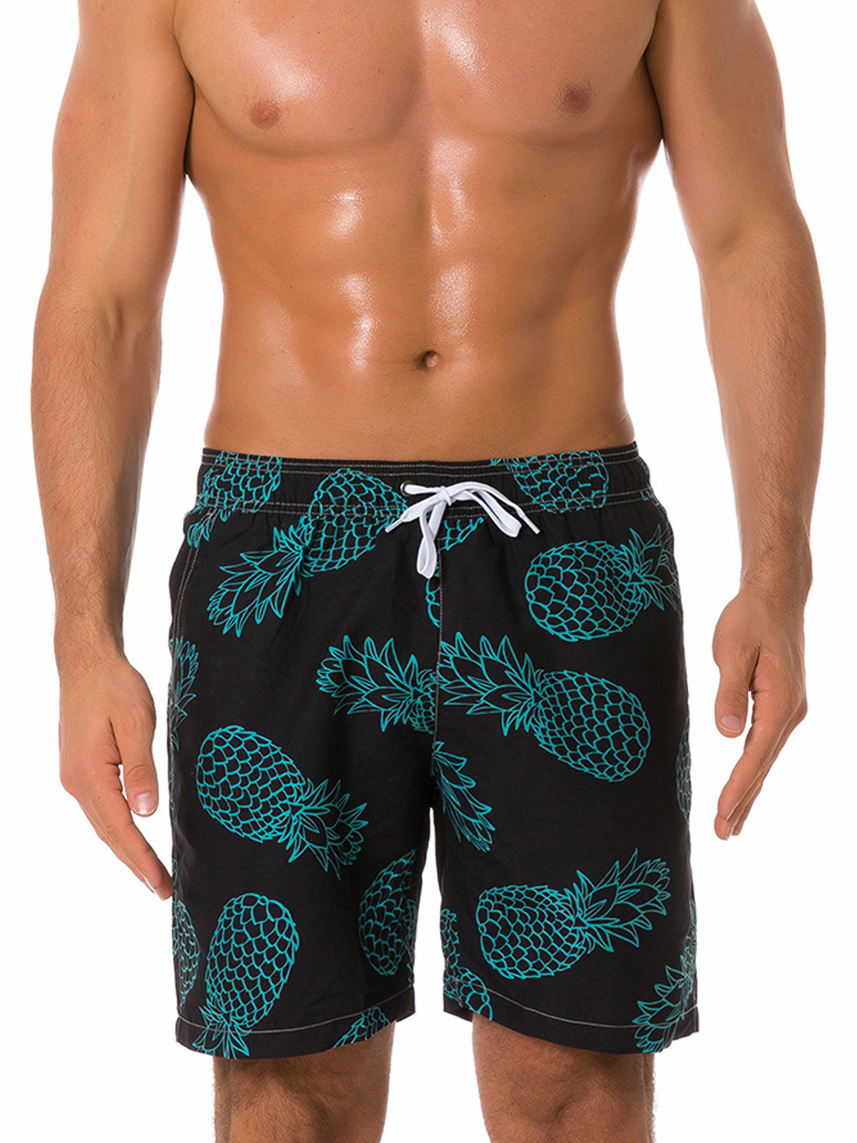 Men's Summer Tropical Leaf Print Beach Shorts Navy Blue Swimming Trunks