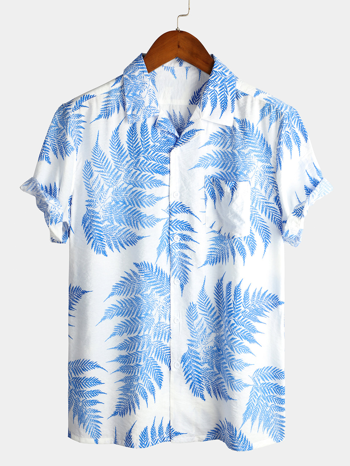Men's Tropical Leaf Print Hawaiian Pocket Short Sleeve Shirt