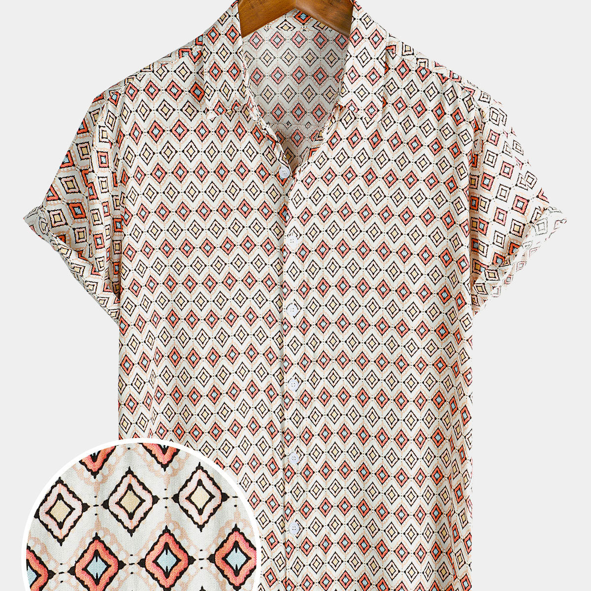 Men's Vintage Geometric Print Button Up Rayon Beach Short Sleeve Shirt