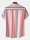 Men's Pink Vertical Striped Button Up Summer Casual Short Sleeve Shirt