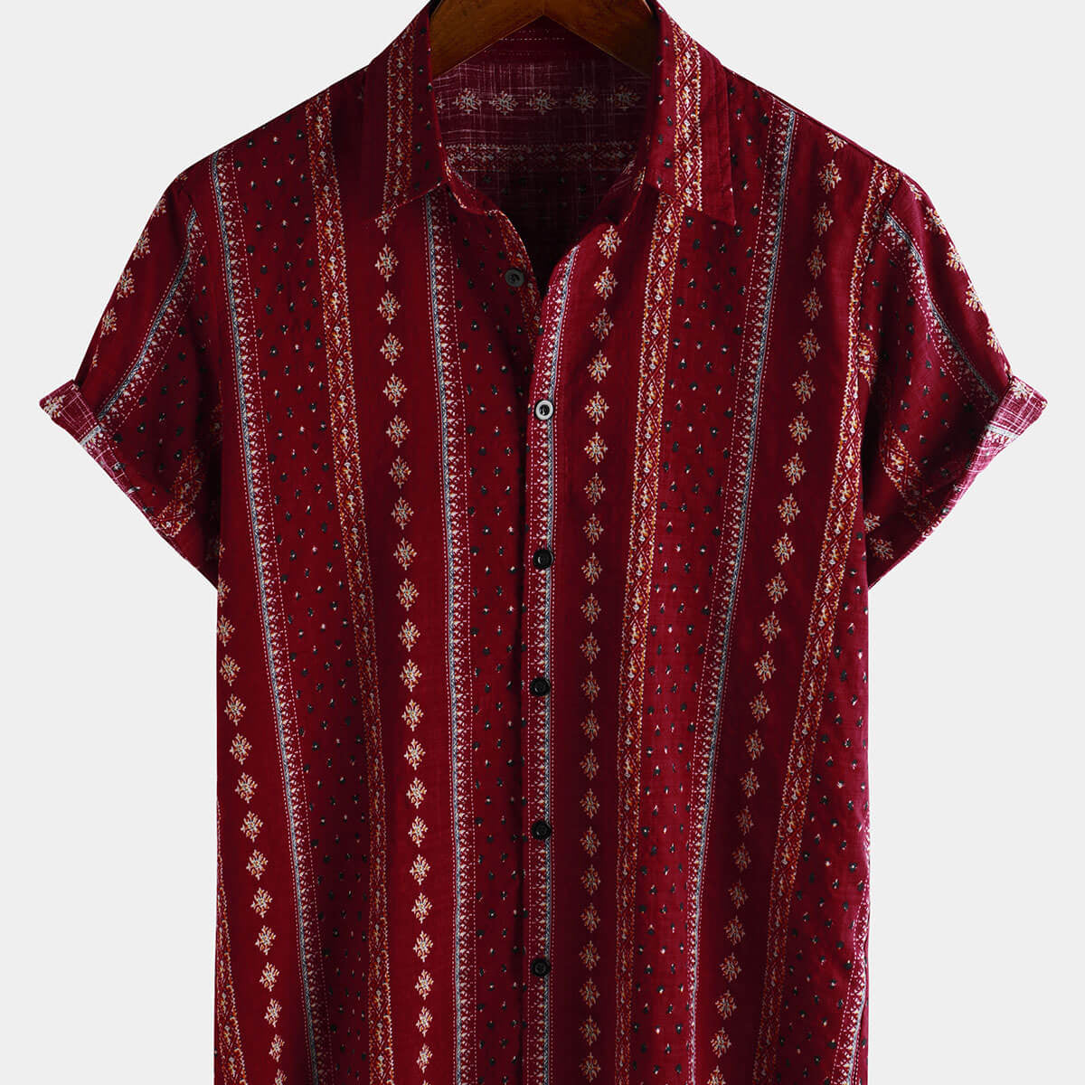 Men's Retro Red Striped Print Button Up 70s Vintage Short Sleeve Shirt