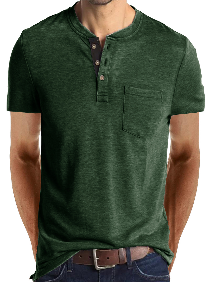 Men's Cotton Henley Collar Solid Color Casual Short Sleeve T-Shirt
