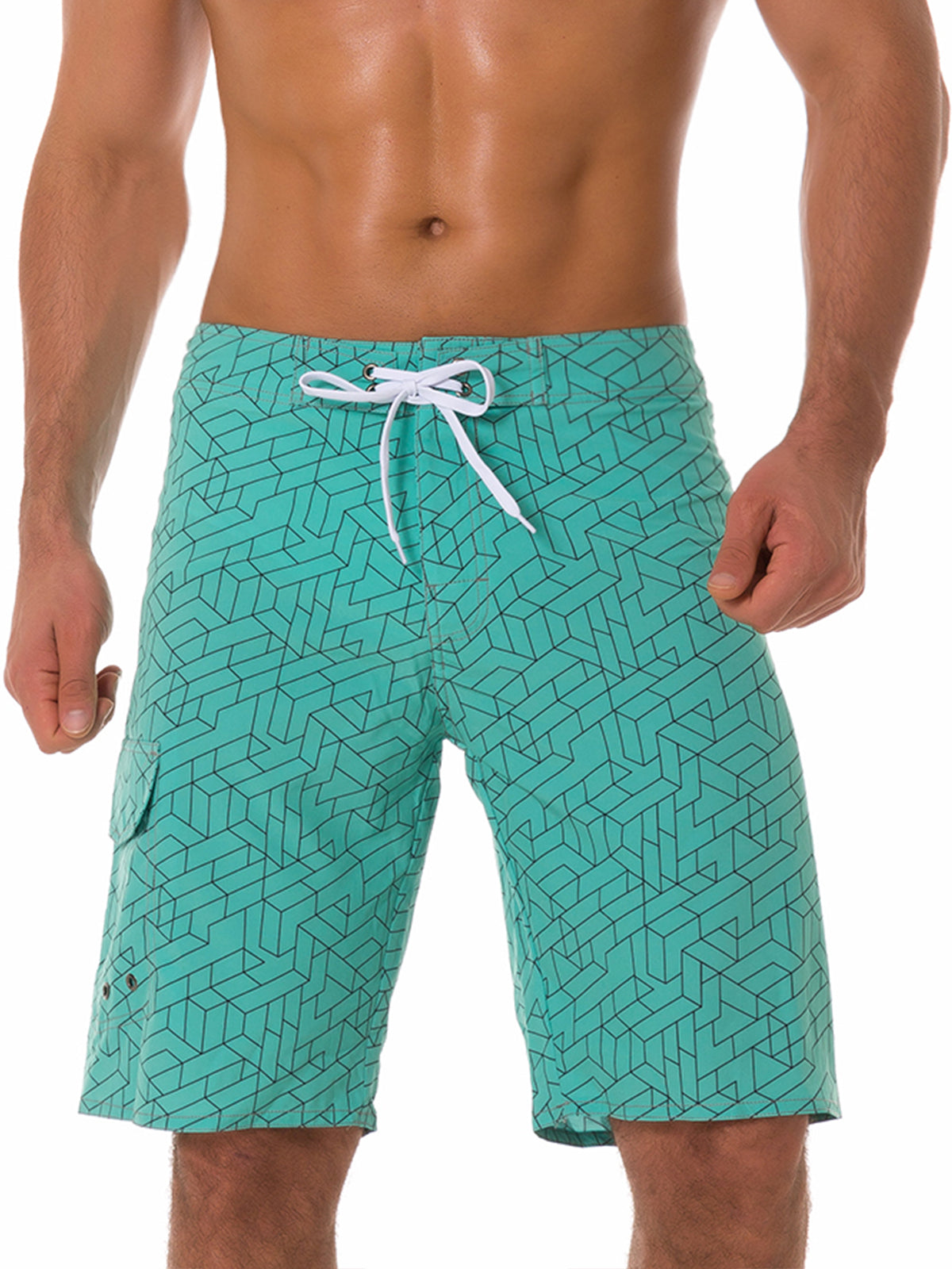 Men's Green Casual Sailboat Flat Waist Hawaiian Shorts Summer Beach Boardshorts