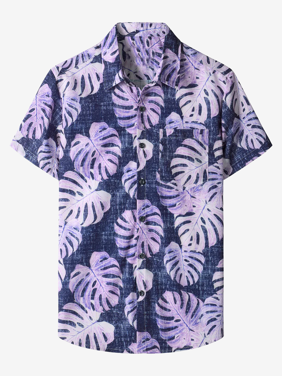 Men's Purple Hawaiian Casual Pocket Tropical Plant Print Button Up Beach Short Sleeve Shirt