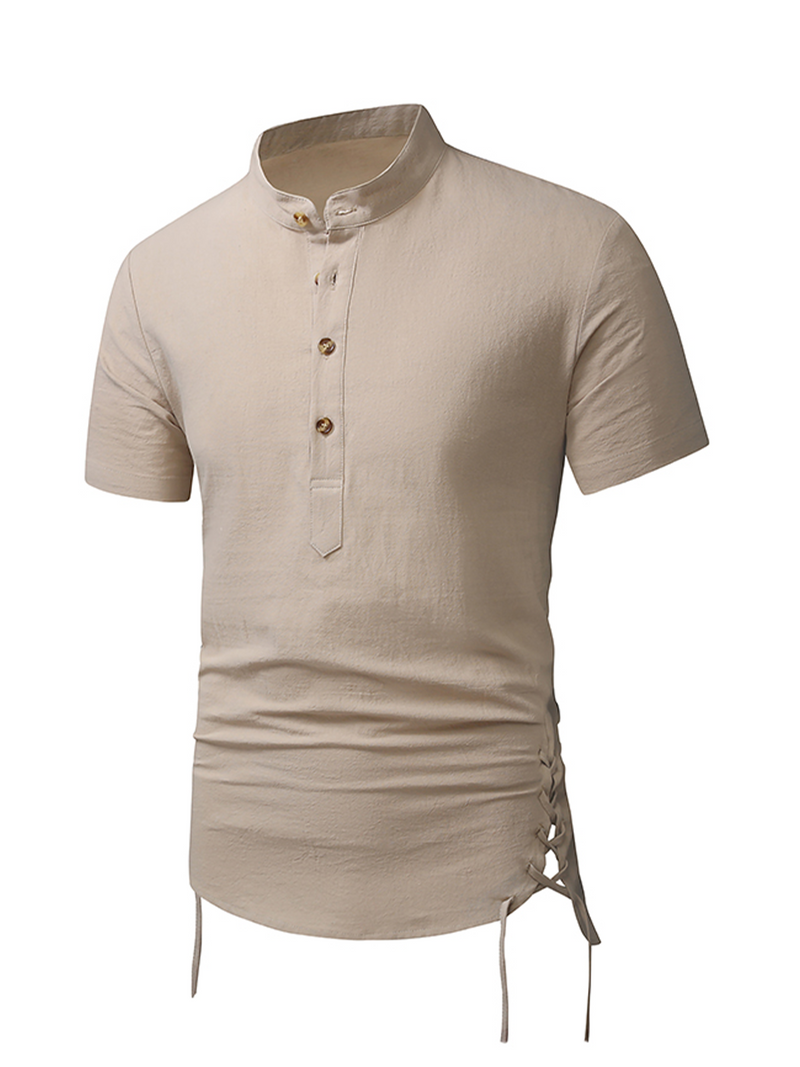 Men's Cotton Casual Henley Collar Beach Short Sleeve Shirt