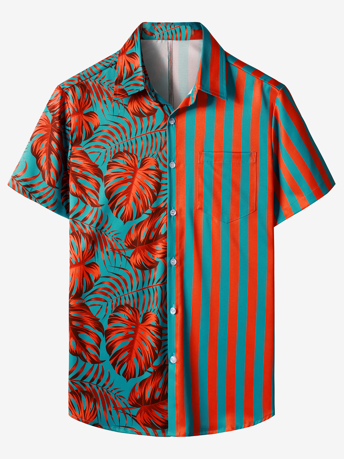 Men's Tropical Plant Leaf And Striped Print Hawaiian Short Sleeve Aloha Shirt