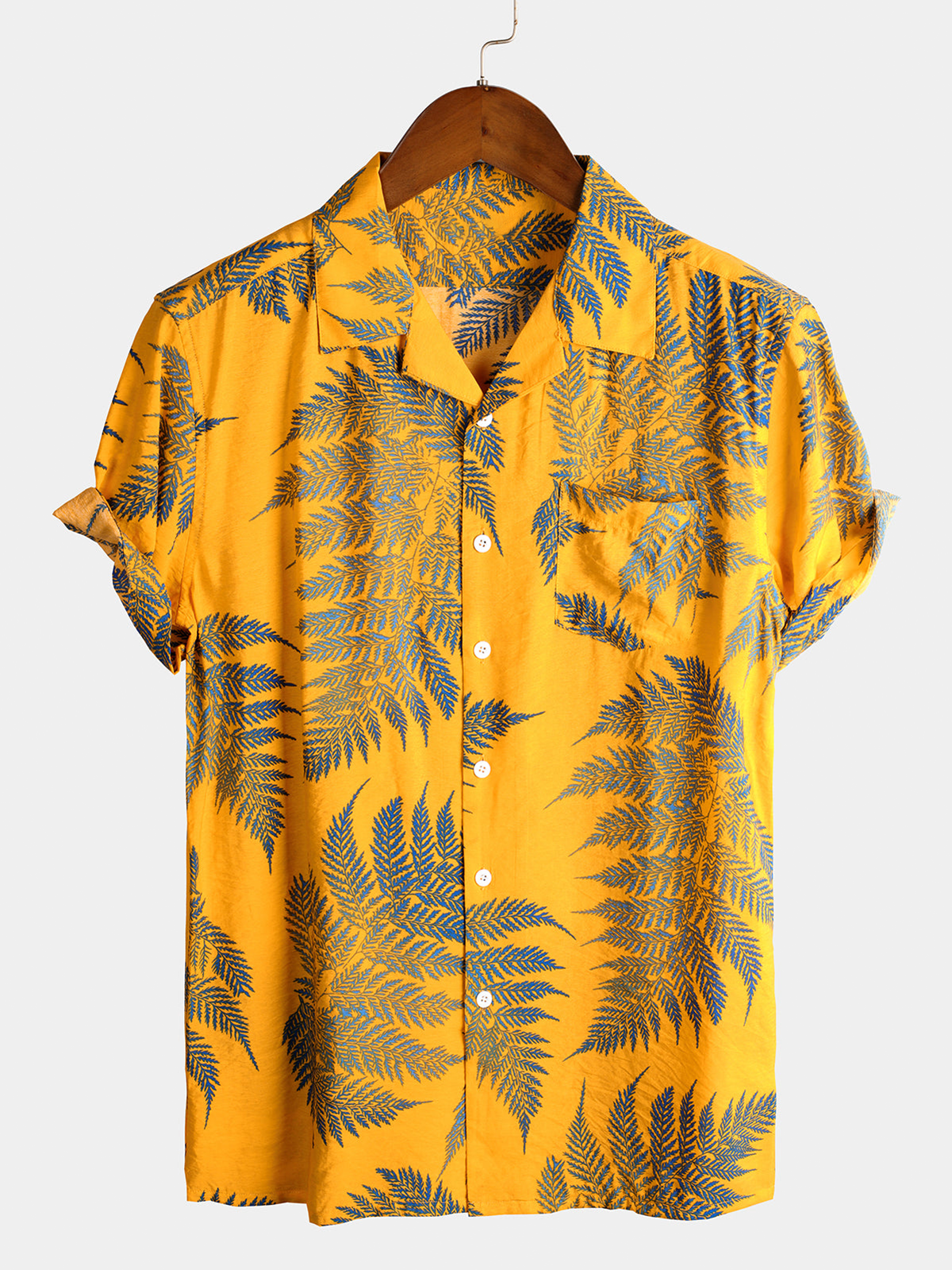 Men's Tropical Leaf Print Hawaiian Pocket Short Sleeve Shirt