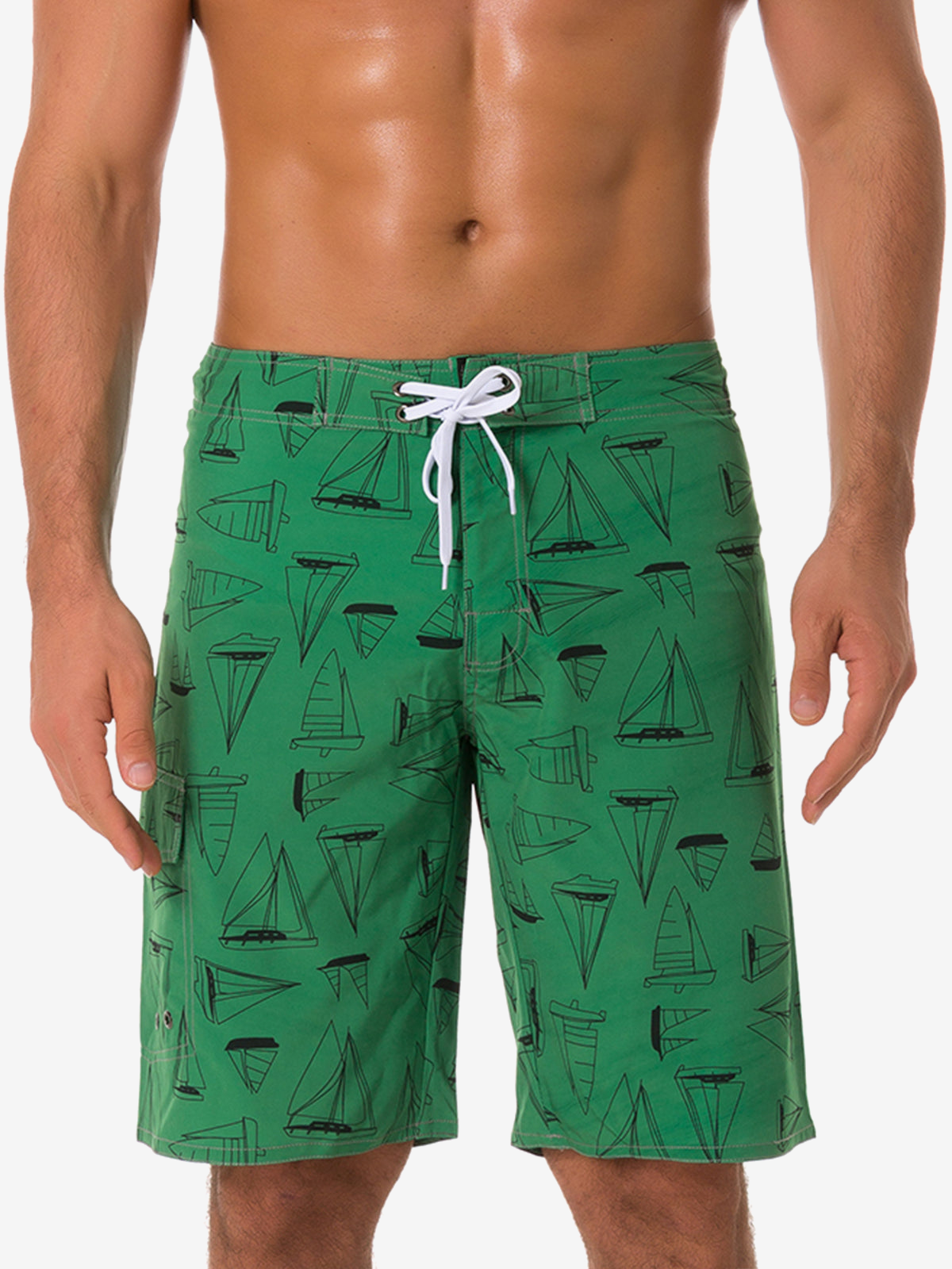 Men's Green Casual Sailboat Flat Waist Hawaiian Shorts Summer Beach Boardshorts