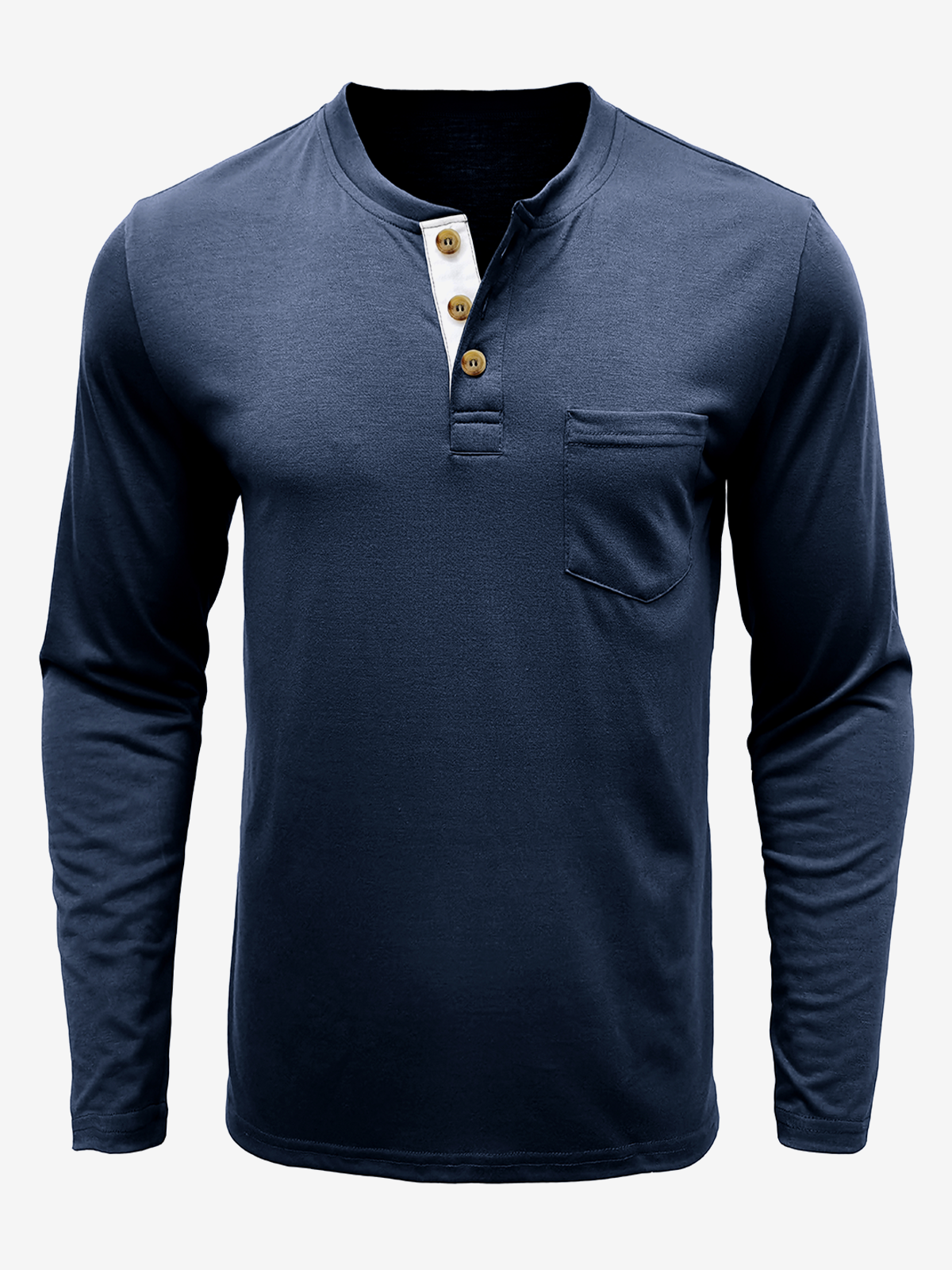 Men's Solid Color Cotton Casual Henry Collar Pocket Long Sleeve T-Shirt