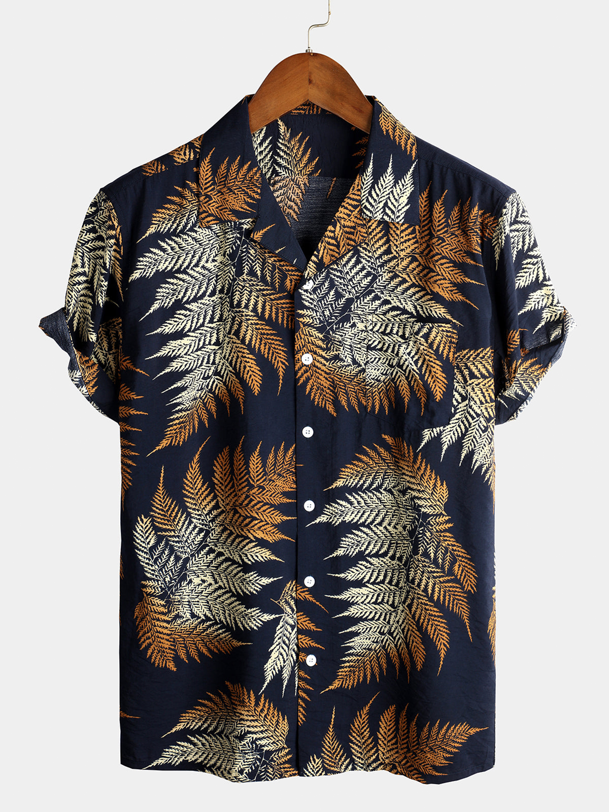 Men's Tropical Leaf Print Hawaiian Pocket Short Sleeve Shirt