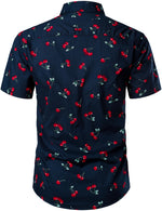 Men's Cherry Floral Print Holiday Button Up Cotton Fruit Summer Navy Blue Hawaiian Shirt