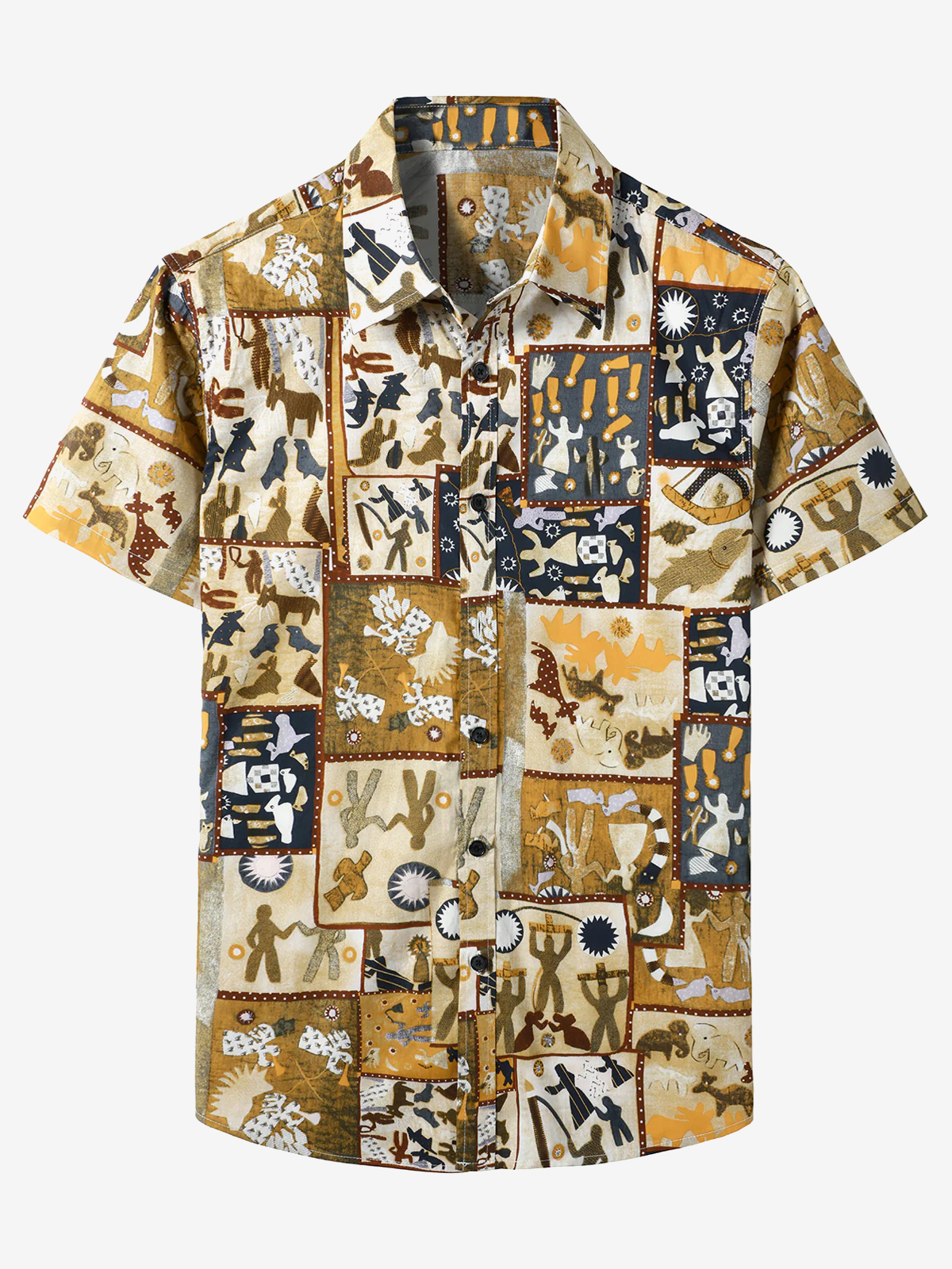 Men's Patchwork Tribal Print Button Up Retro Cotton Short Sleeve Bohemian Brown Summer Shirt