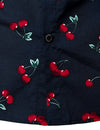 Men's Cherry Floral Print Holiday Button Up Cotton Fruit Summer Navy Blue Hawaiian Shirt
