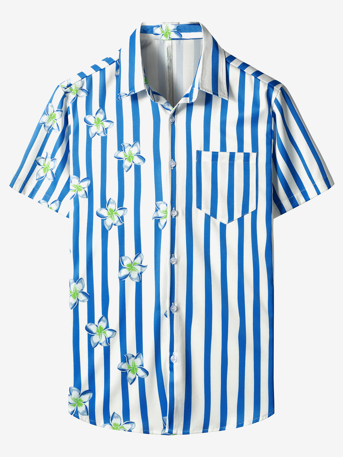 Men's Floral Blue and White Striped Print Summer Casual Flowers Aloha Short Sleeve Hawaiian Shirt