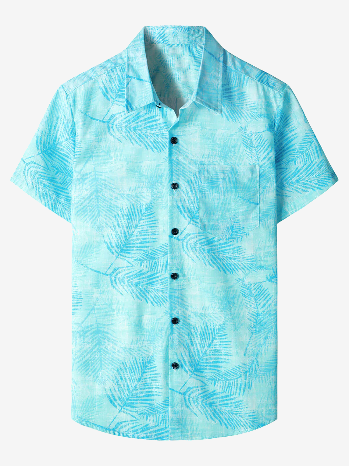 Men's Light Blue Tropical Print Beach Holiday Pocket Short Sleeve Shirt