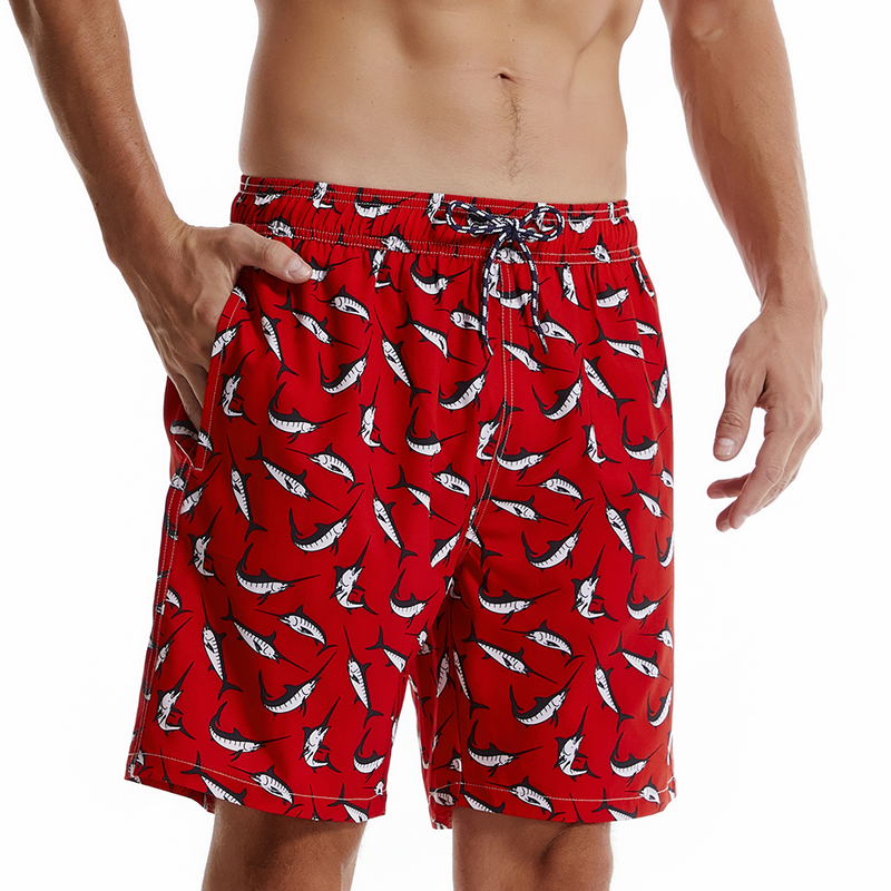Men's Shark Print Red Quick Dry Beach Shorts Swim Trunks