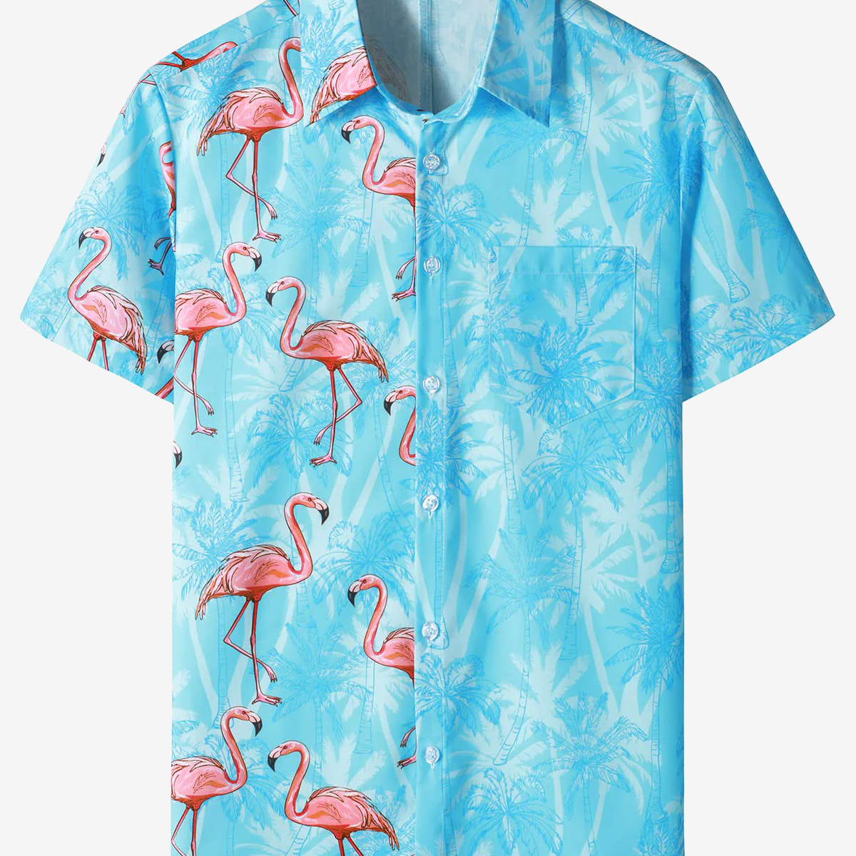 Men's Blue Hawaiian Funny Pink Flamingo Print Cool Summer Button Short Sleeve Shirt